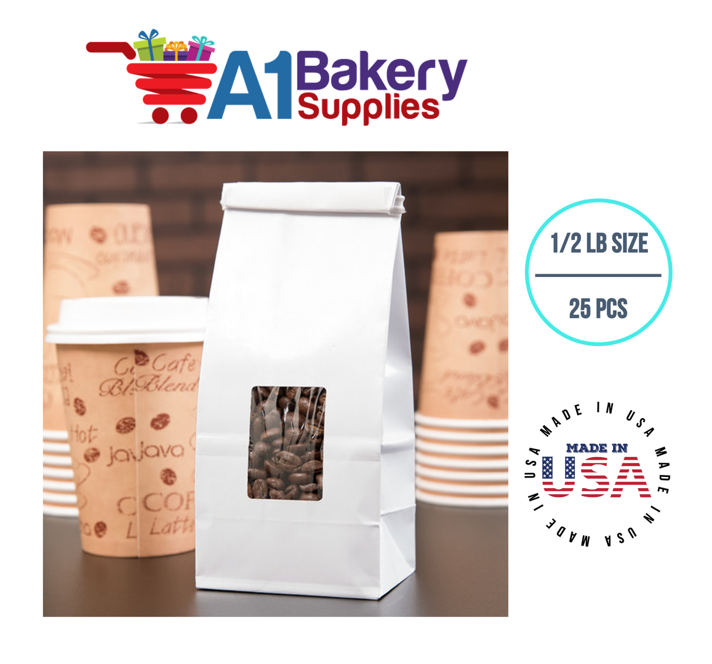 1/2 LB Size White Square Window Tin Tie Bags 25 PCS  White  Bakery Bags with Square Window Resealable Tin Tie Tab Lock Poly-Lined Bags White Paper Bags for Cookies, Coffee