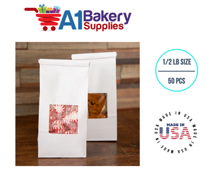 1/2 LB Size White Square Window Tin Tie Bags 50 PCS  White  Bakery Bags with Square Window Resealable Tin Tie Tab Lock Poly-Lined Bags White Paper Bags for Cookies, Coffee
