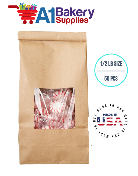 1/2 LB Size Brown Square Window Tin Tie Bags 50 PCS  Kraft  Bakery Bags with Square Window Resealable Tin Tie Tab Lock Poly-Lined Bags Kraft Paper Bags for Cookies, Coffee