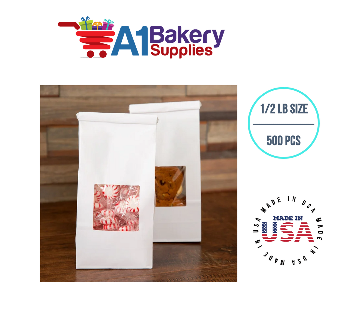 1/2 LB Size White Square Window Tin Tie Bags 500 PCS White  Bakery Bags with Square Window Resealable Tin Tie Tab Lock Poly-Lined Bags White Paper Bags for Cookies, Coffee