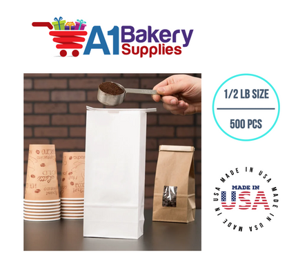1/2 LB Size White No Window Tin Tie Bags 500 PCS  White  Bakery Bags with No Window Resealable Tin Tie Tab Lock Poly-Lined Bags White Paper Bags for Cookies, Coffee