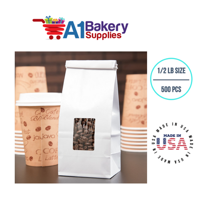 1/2 LB Size White Square Window Tin Tie Bags 500 PCS White  Bakery Bags with Square Window Resealable Tin Tie Tab Lock Poly-Lined Bags White Paper Bags for Cookies, Coffee