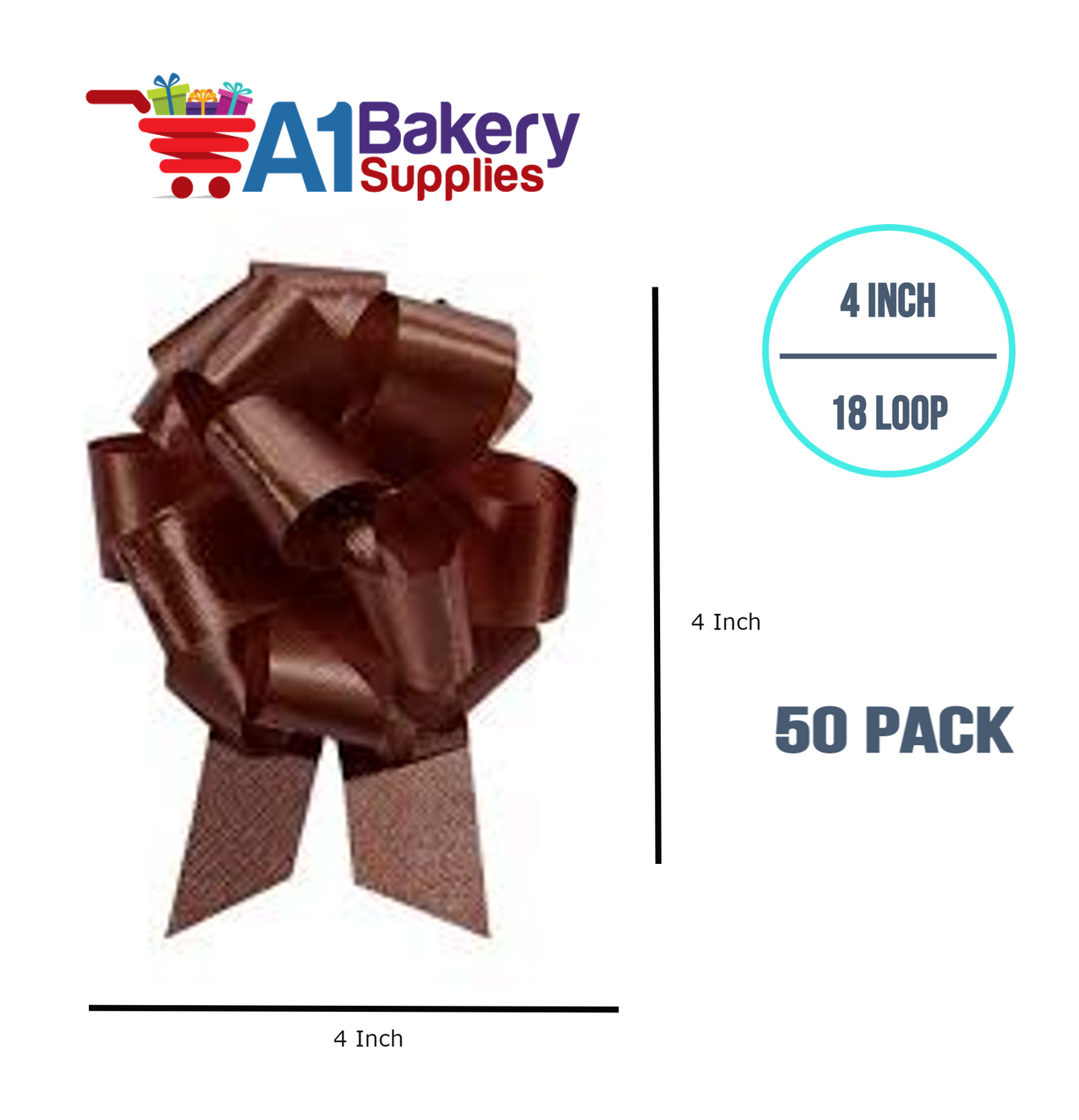 A1BakerySupplies 50 Pieces Pull Bow for Gift Wrapping Gift Bows Pull Bow With Ribbon for Wedding Gift Baskets, 4 Inch 18 Loop Chocolate Flora Satin Color