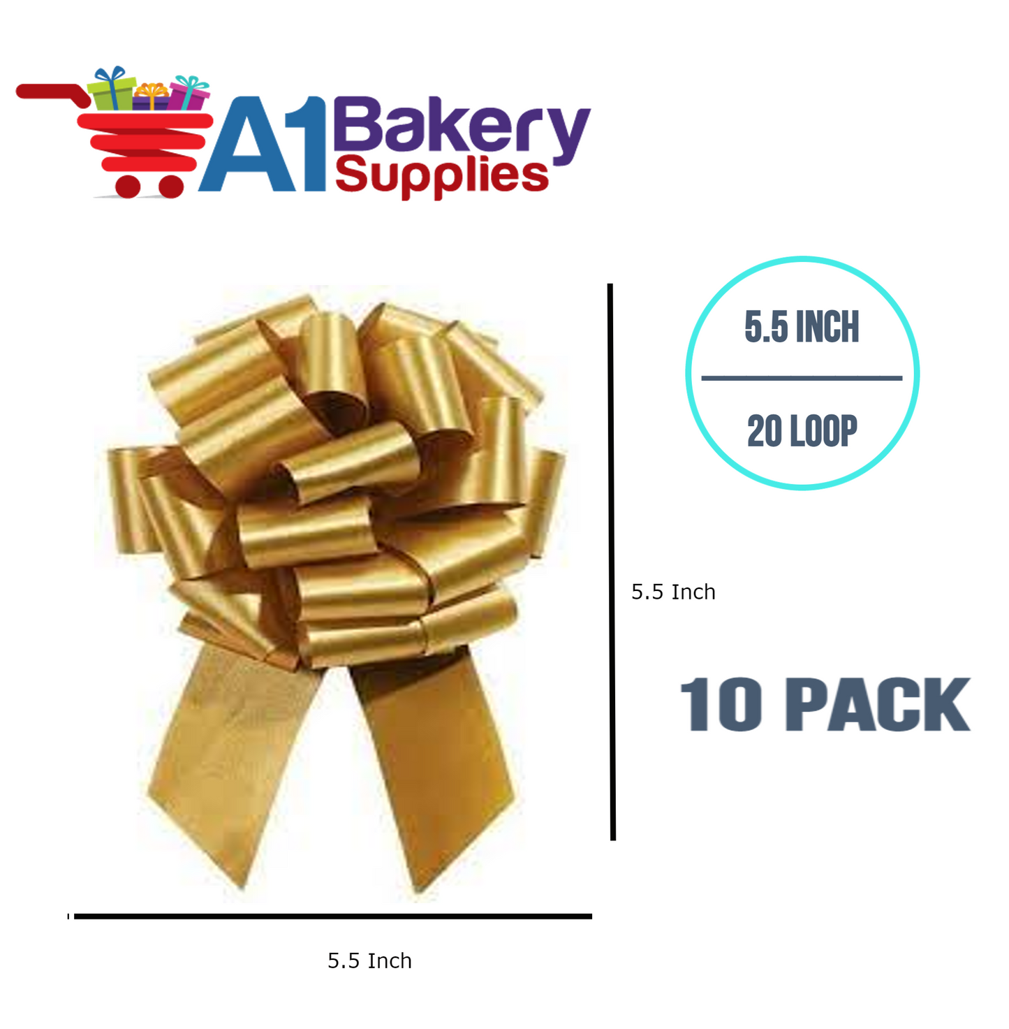 A1BakerySupplies 10 Pieces Pull Bow for Gift Wrapping Gift Bows Pull Bow With Ribbon for Wedding Gift Baskets, 5.5 Inch 20 Loop in Holiday Gold Color