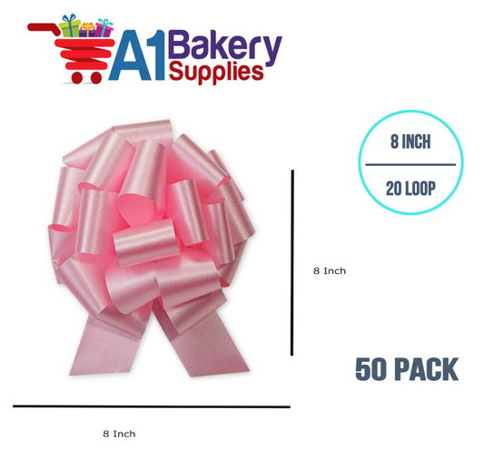 A1BakerySupplies 50 Pieces Pull Bow for Gift Wrapping Gift Bows Pull Bow With Ribbon for Wedding Gift Baskets, 8 Inch 20 Loop in Pink Flora Satin Color
