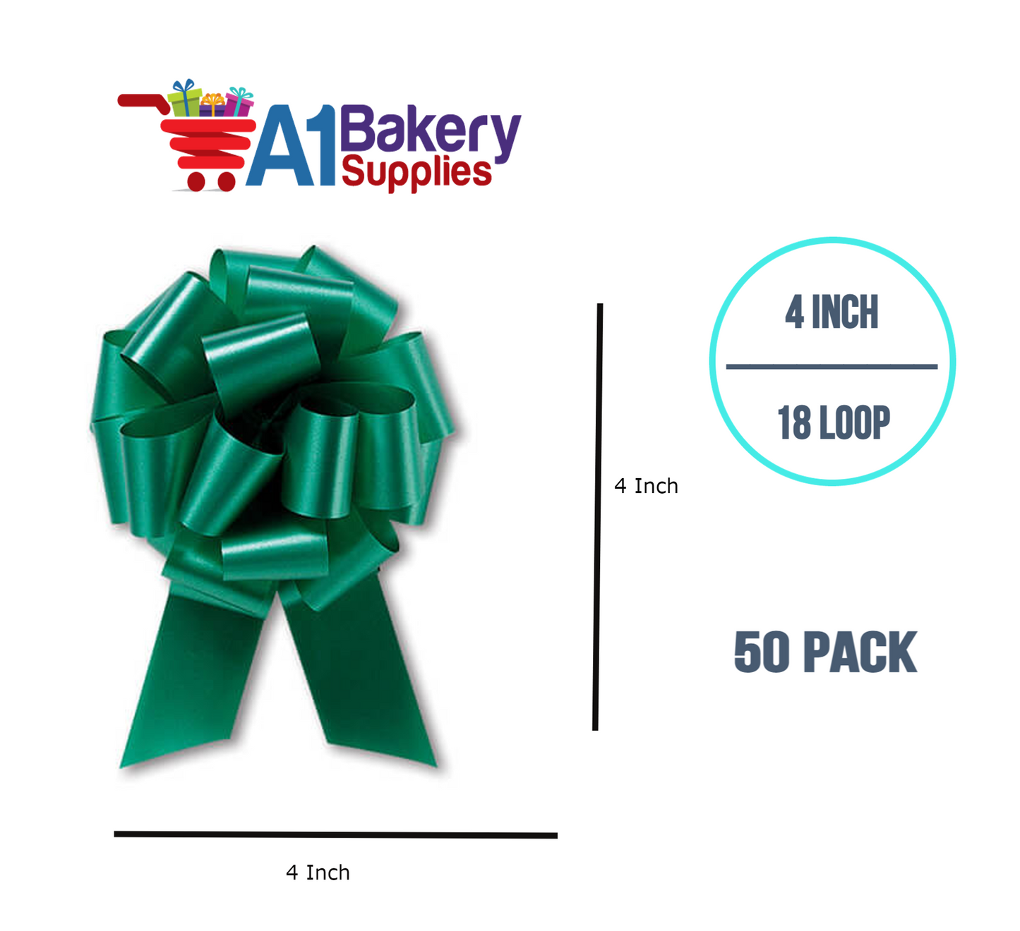 A1BakerySupplies 50 Pieces Pull Bow for Gift Wrapping Gift Bows Pull Bow With Ribbon for Wedding Gift Baskets, 4 Inch 18 Loop Emerald Green Flora Satin Color