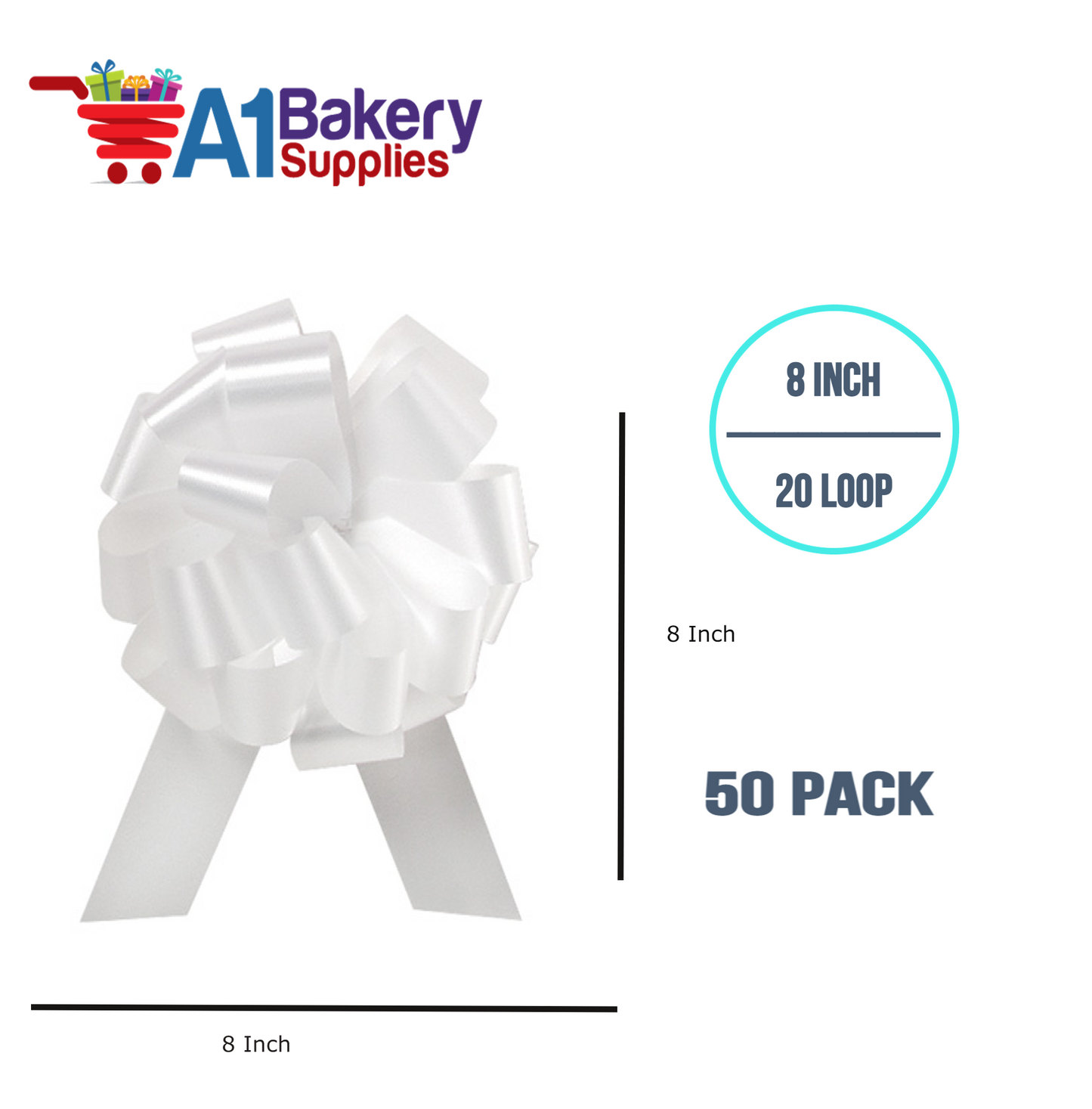 A1BakerySupplies 50 Pieces Pull Bow for Gift Wrapping Gift Bows Pull Bow With Ribbon for Wedding Gift Baskets, 8 Inch 20 Loop White Flora Satin Color