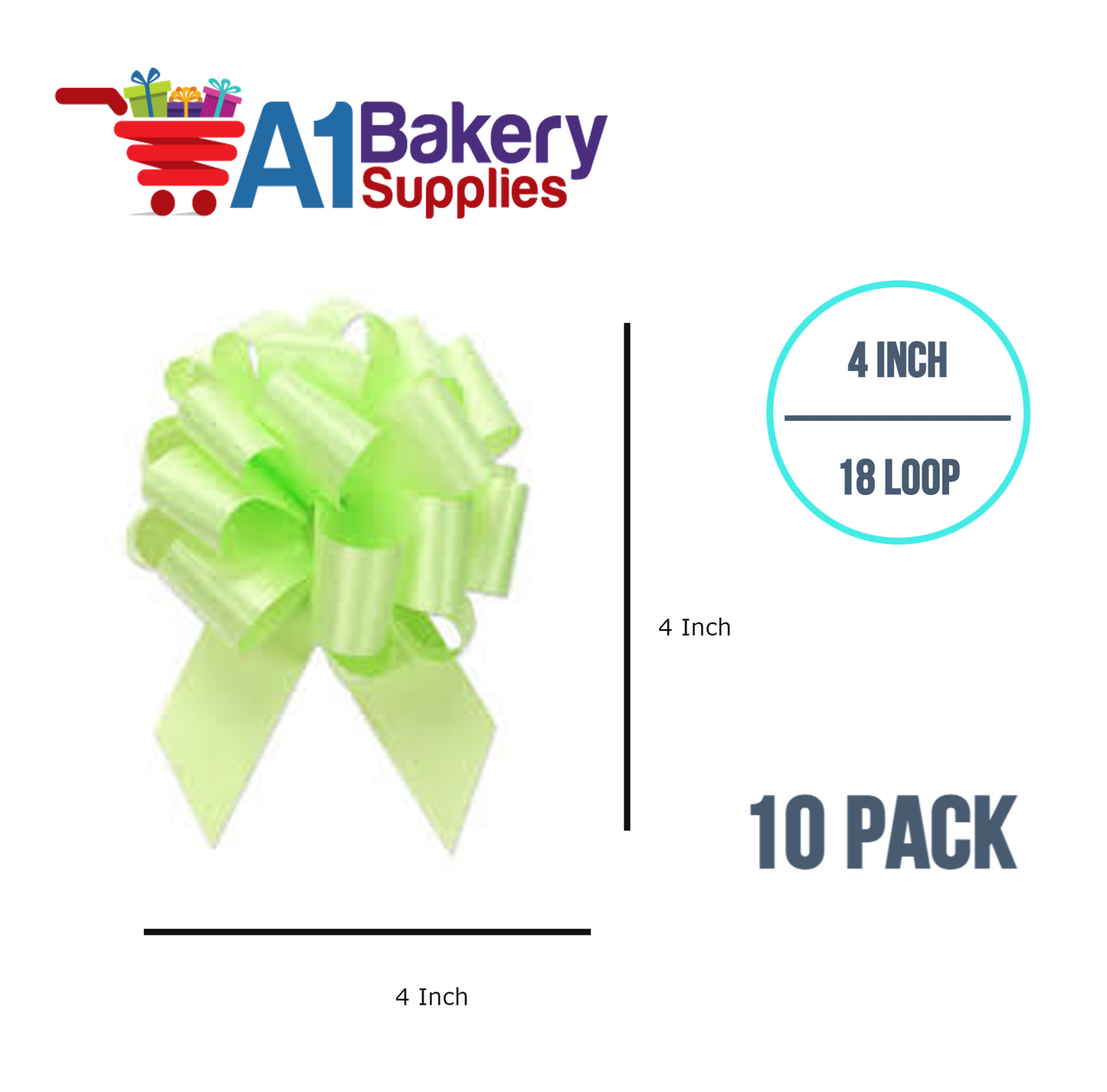 A1BakerySupplies 10 Pieces Pull Bow for Gift Wrapping Gift Bows Pull Bow With Ribbon for Wedding Gift Baskets, 4 Inch 18 Loop Celery Flora Satin Color