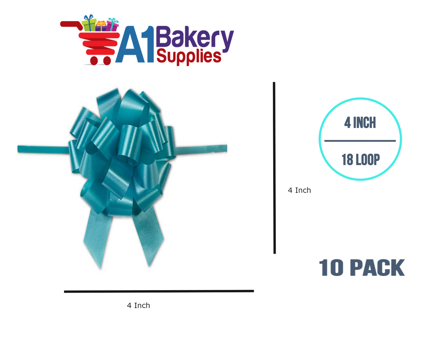 A1BakerySupplies 10 Pieces Pull Bow for Gift Wrapping Gift Bows Pull Bow With Ribbon for Wedding Gift Baskets, 4 Inch 18 Loop Turquoise Flora Satin Color