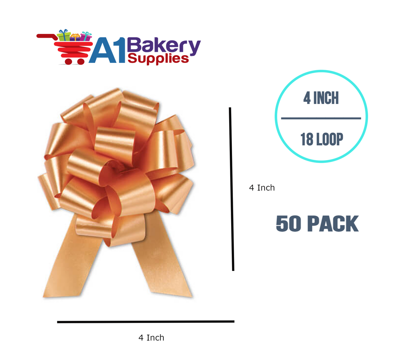 A1BakerySupplies 50 Pieces Pull Bow for Gift Wrapping Gift Bows Pull Bow With Ribbon for Wedding Gift Baskets, 4 Inch 18 Loop Gold Flora Satin Color