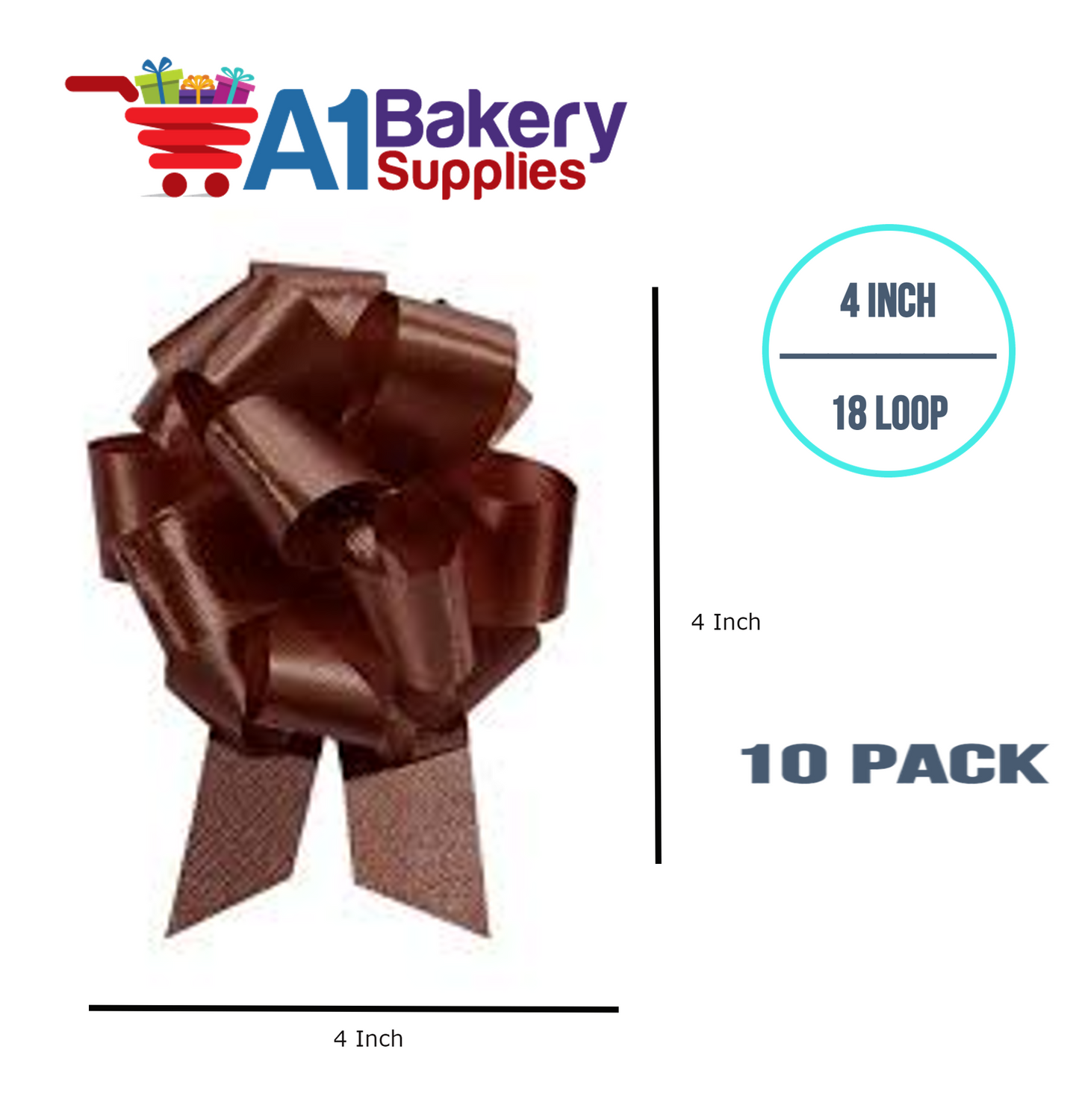 A1BakerySupplies 10 Pieces Pull Bow for Gift Wrapping Gift Bows Pull Bow With Ribbon for Wedding Gift Baskets, 4 Inch 18 Loop in Chocolate Flora Satin Color
