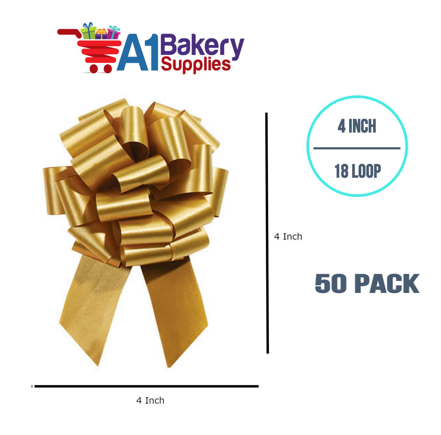 A1BakerySupplies 50 Pieces Pull Bow for Gift Wrapping Gift Bows Pull Bow With Ribbon for Wedding Gift Baskets, 4 Inch 18 Loop Holiday Gold Flora Satin Color