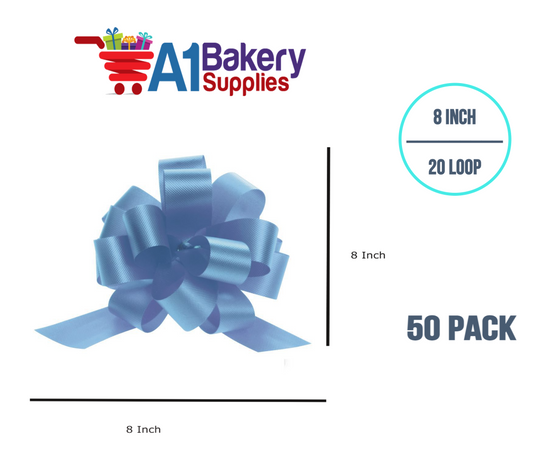 A1BakerySupplies 50 Pieces Pull Bow for Gift Wrapping Gift Bows Pull Bow With Ribbon for Wedding Gift Baskets, 8 Inch 20 Loop Light Blue Flora Satin Color