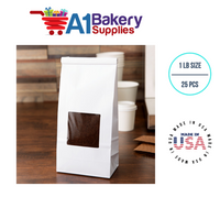 1 LB Size White Square Window Tin Tie Bags 25 PCS White  Bakery Bags with Square Window Resealable Tin Tie Tab Lock Poly-Lined Bags White Paper Bags for Cookies, Coffee