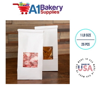 1 LB Size White Square Window Tin Tie Bags 25 PCS White  Bakery Bags with Square Window Resealable Tin Tie Tab Lock Poly-Lined Bags White Paper Bags for Cookies, Coffee