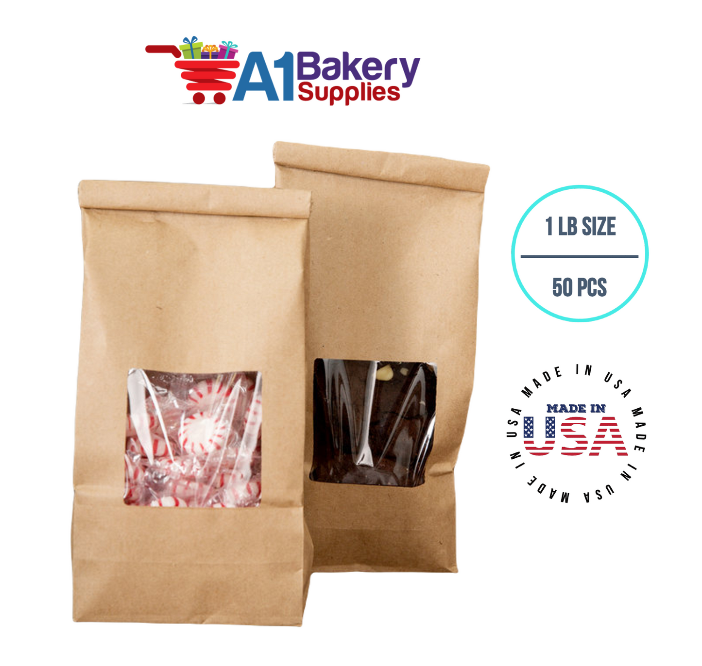 1 LB Size Brown Square Window Tin Tie Bags 50 PCS  Kraft  Bakery Bags with Square Window Resealable Tin Tie Tab Lock Poly-Lined Bags Kraft Paper Bags for Cookies, Coffee