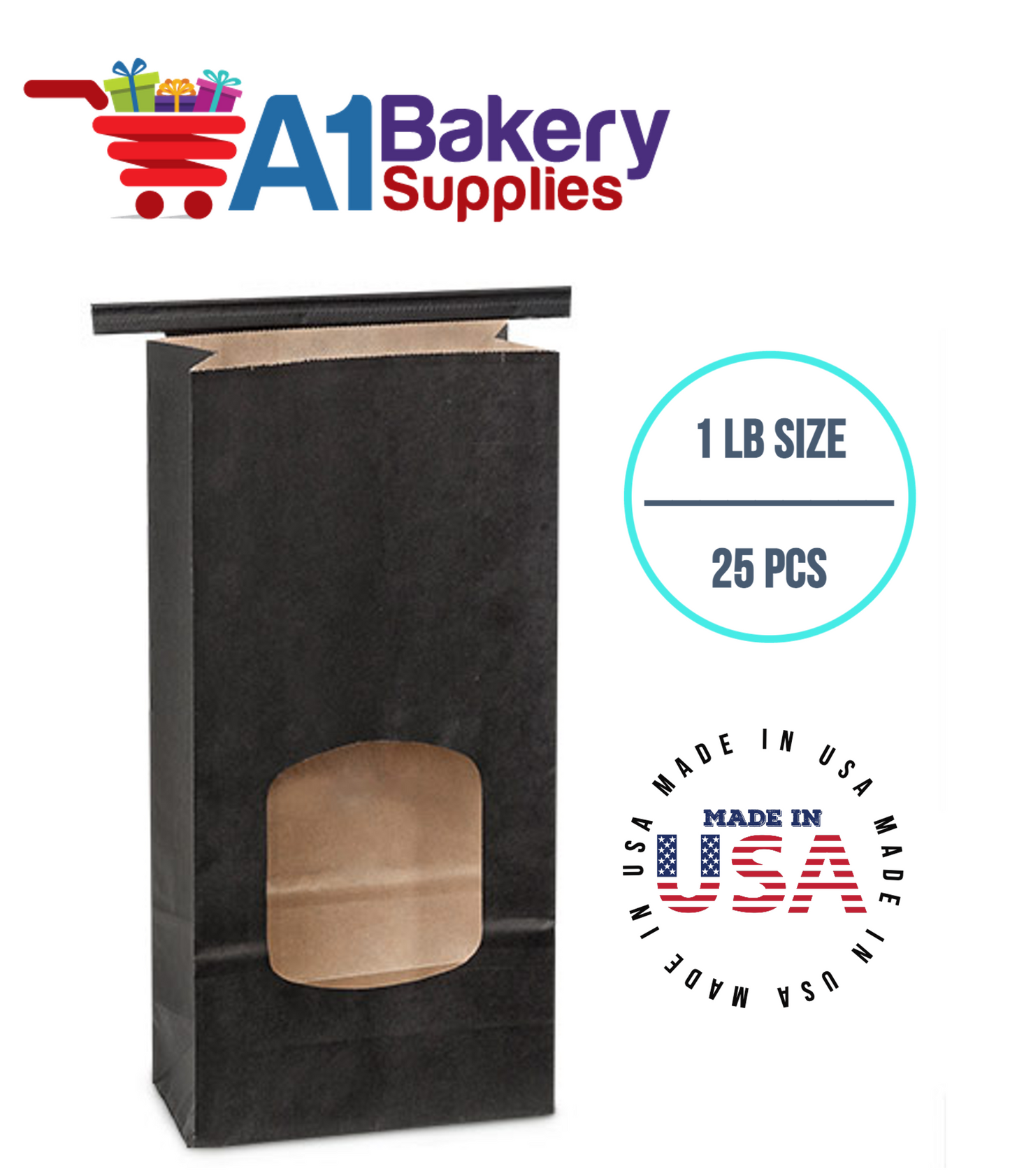 1 LB Tin Tie Bags Black Tin Tie Bags Square Window Tin Tie Bags 25 PCS Bakery Bags with Square Window Resealable Tin Tie Tab Lock Poly-Lined Bags Black Paper Bags for Cookies, Coffee