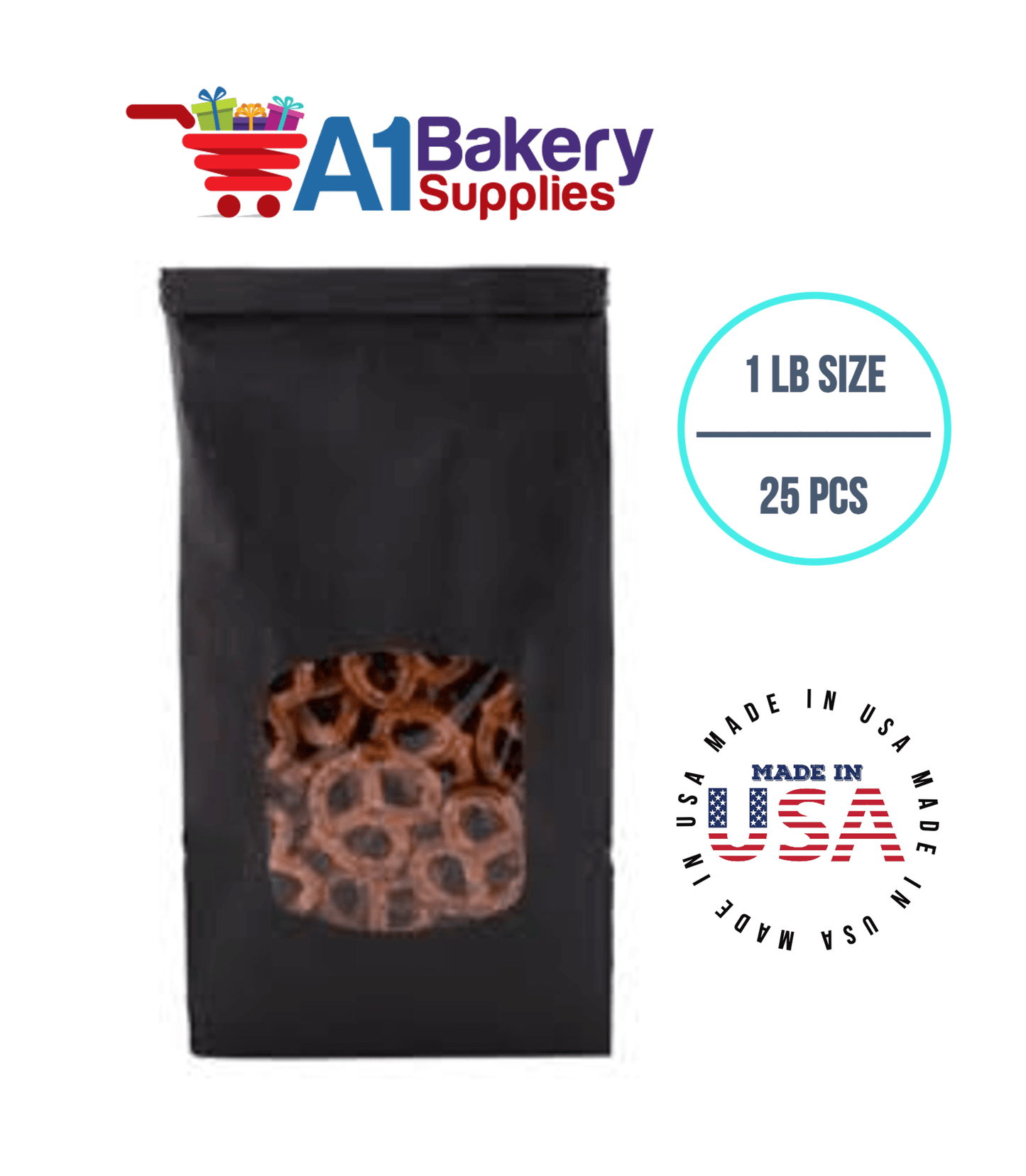 1 LB Tin Tie Bags Black Tin Tie Bags Square Window Tin Tie Bags 25 PCS Bakery Bags with Square Window Resealable Tin Tie Tab Lock Poly-Lined Bags Black Paper Bags for Cookies, Coffee