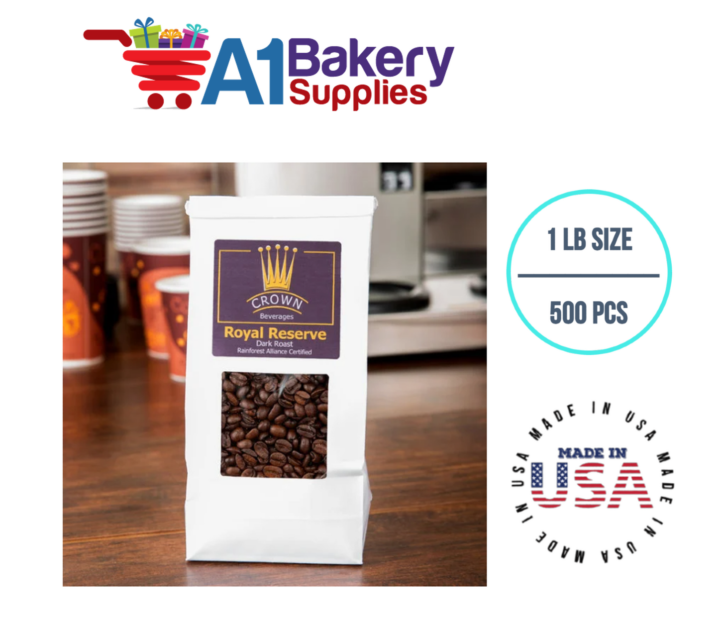 1 LB Size White Square Window Tin Tie Bags 500 PCS White  Bakery Bags with Square Window Resealable Tin Tie Tab Lock Poly-Lined Bags White Paper Bags for Cookies, Coffee