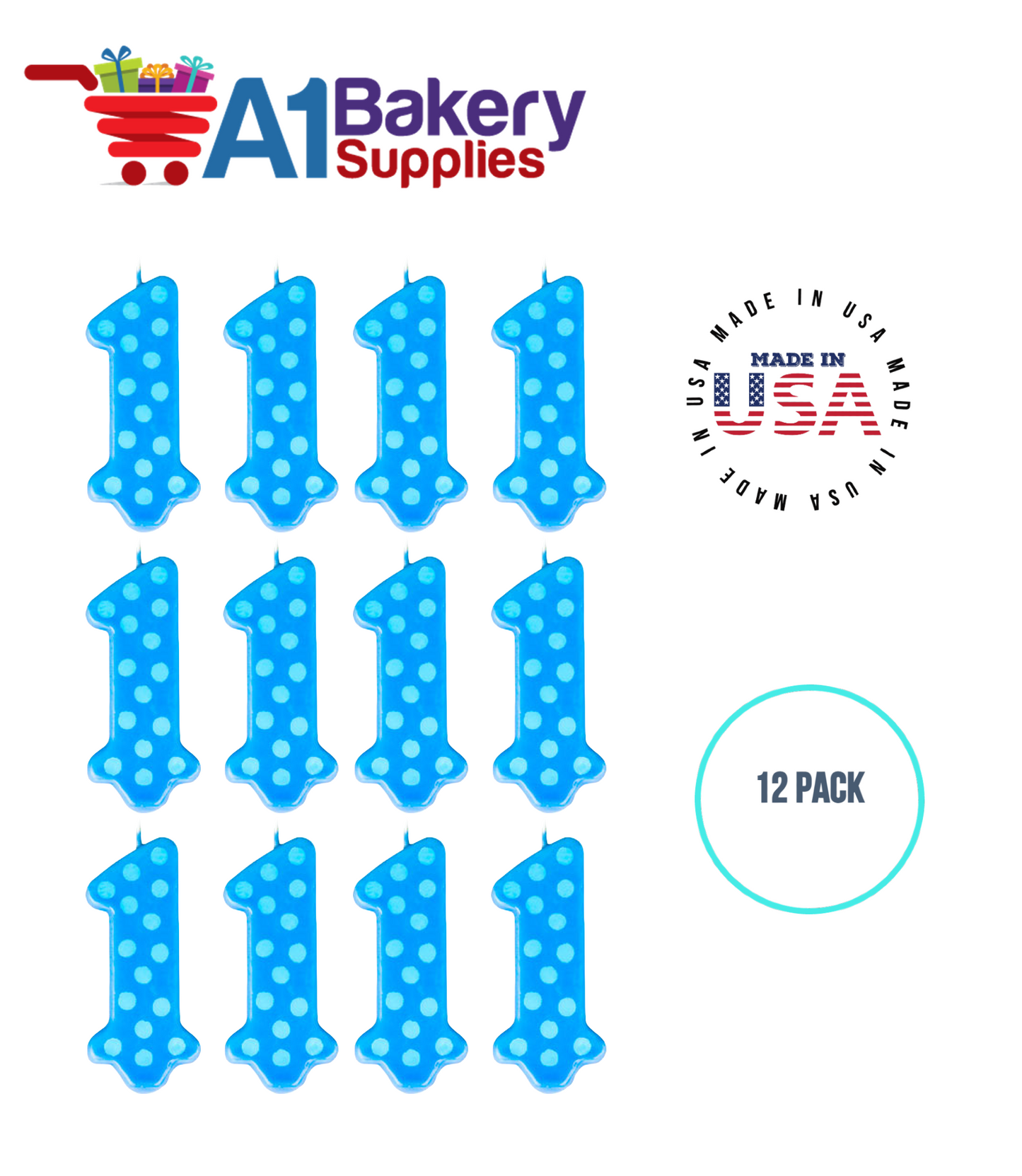 A1BakerySupplies 1st Birthday Polka Dot Candles - Blue Candles 1 pack for Birthday Cake Decorations and Anniversary
