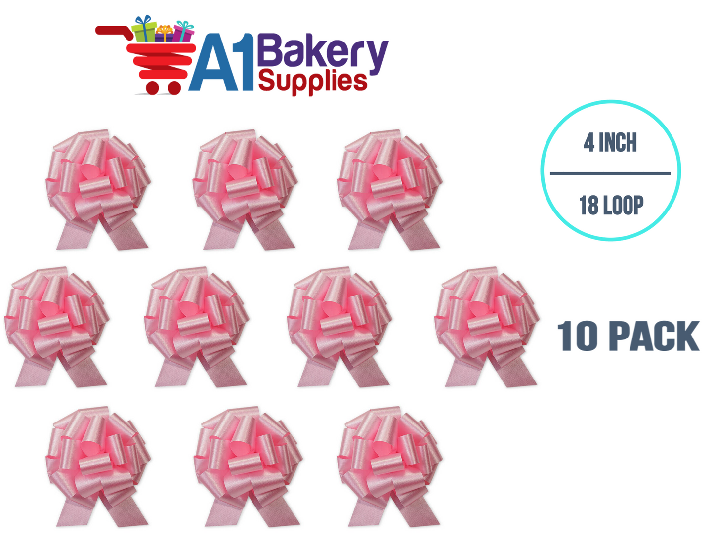 A1BakerySupplies 10 Pieces Pull Bow for Gift Wrapping Gift Bows Pull Bow With Ribbon for Wedding Gift Baskets, 4 Inch 18 Loop in Baby Pink Flora Satin Color