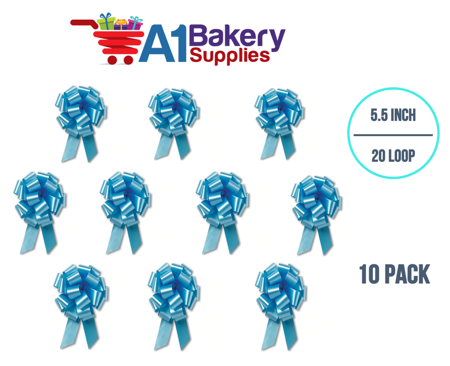 A1BakerySupplies 10 Pieces Pull Bow for Gift Wrapping Gift Bows Pull Bow With Ribbon for Wedding Gift Baskets, 5.5 Inch 20 Loop in Light Blue Color