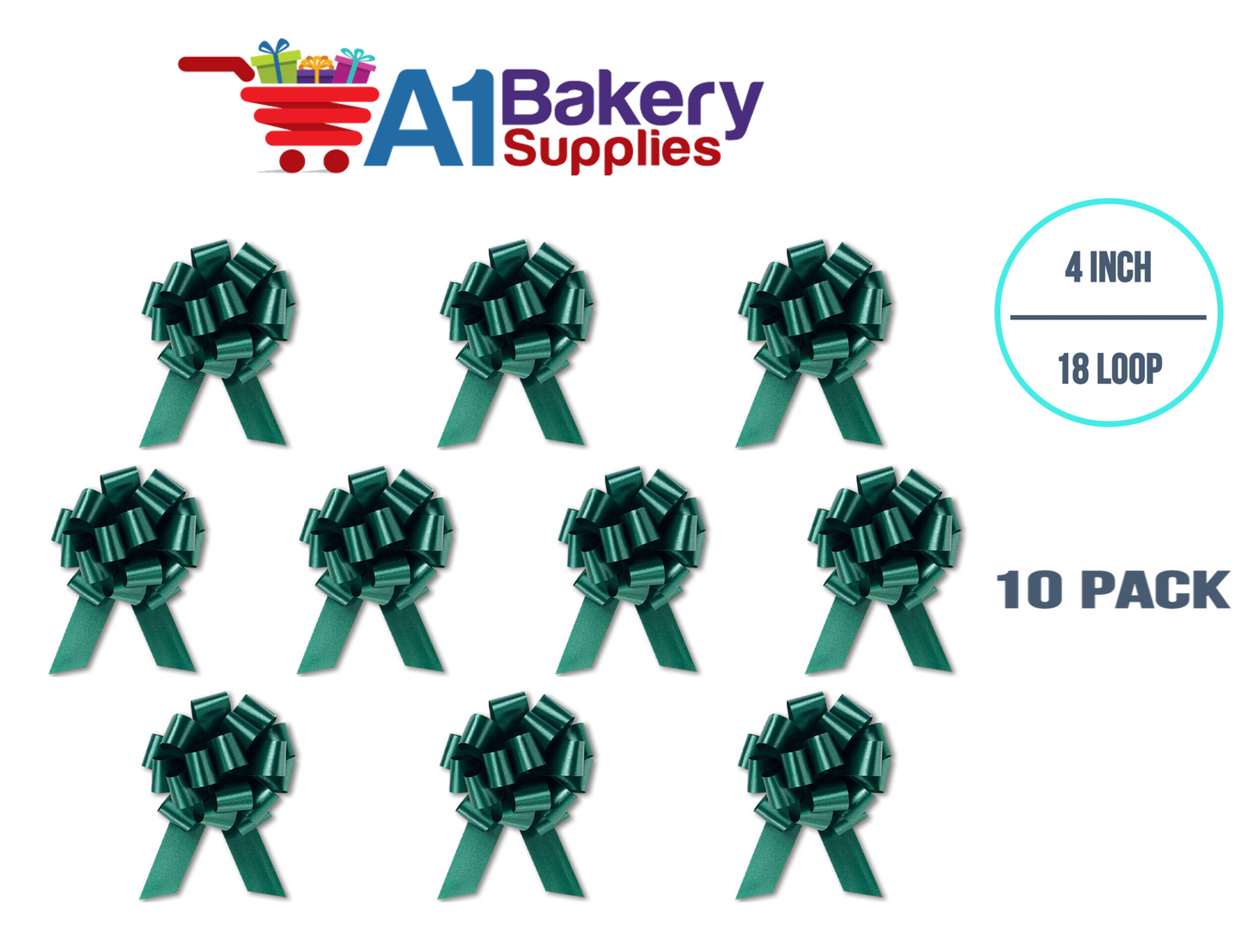 A1BakerySupplies 10 Pieces Pull Bow for Gift Wrapping Gift Bows Pull Bow With Ribbon for Wedding Gift Baskets, 4 Inch 18 Loop Hunter Green Flora Satin Color