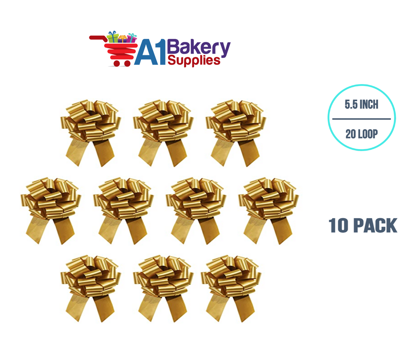 A1BakerySupplies 10 Pieces Pull Bow for Gift Wrapping Gift Bows Pull Bow With Ribbon for Wedding Gift Baskets, 5.5 Inch 20 Loop in Antique Gold Color