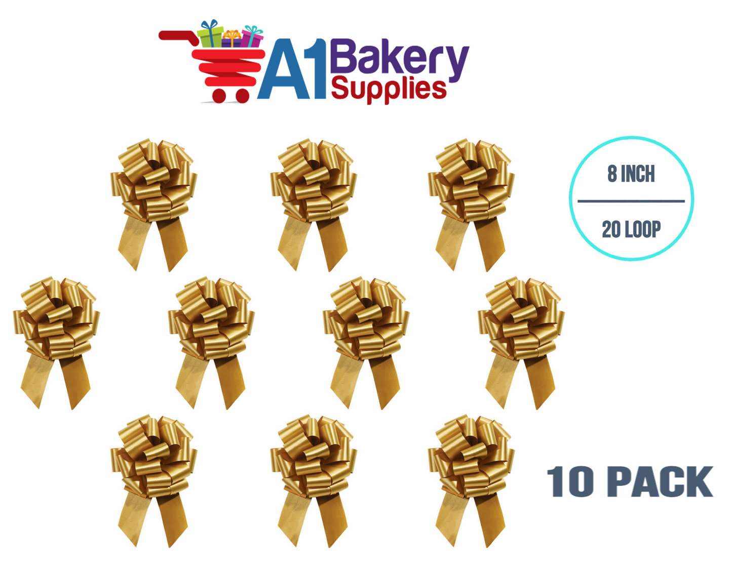 A1BakerySupplies 10 Pieces Pull Bow for Gift Wrapping Gift Bows Pull Bow With Ribbon for Wedding Gift Baskets, 8 Inch 20 Loop Holiday Gold Flora Satin Color