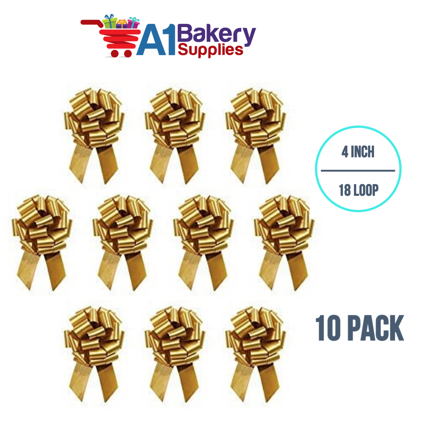 A1BakerySupplies 10 Pieces Pull Bow for Gift Wrapping Gift Bows Pull Bow With Ribbon for Wedding Gift Baskets, 4 Inch 18 Loop in Antique Gold Flora Satin Color