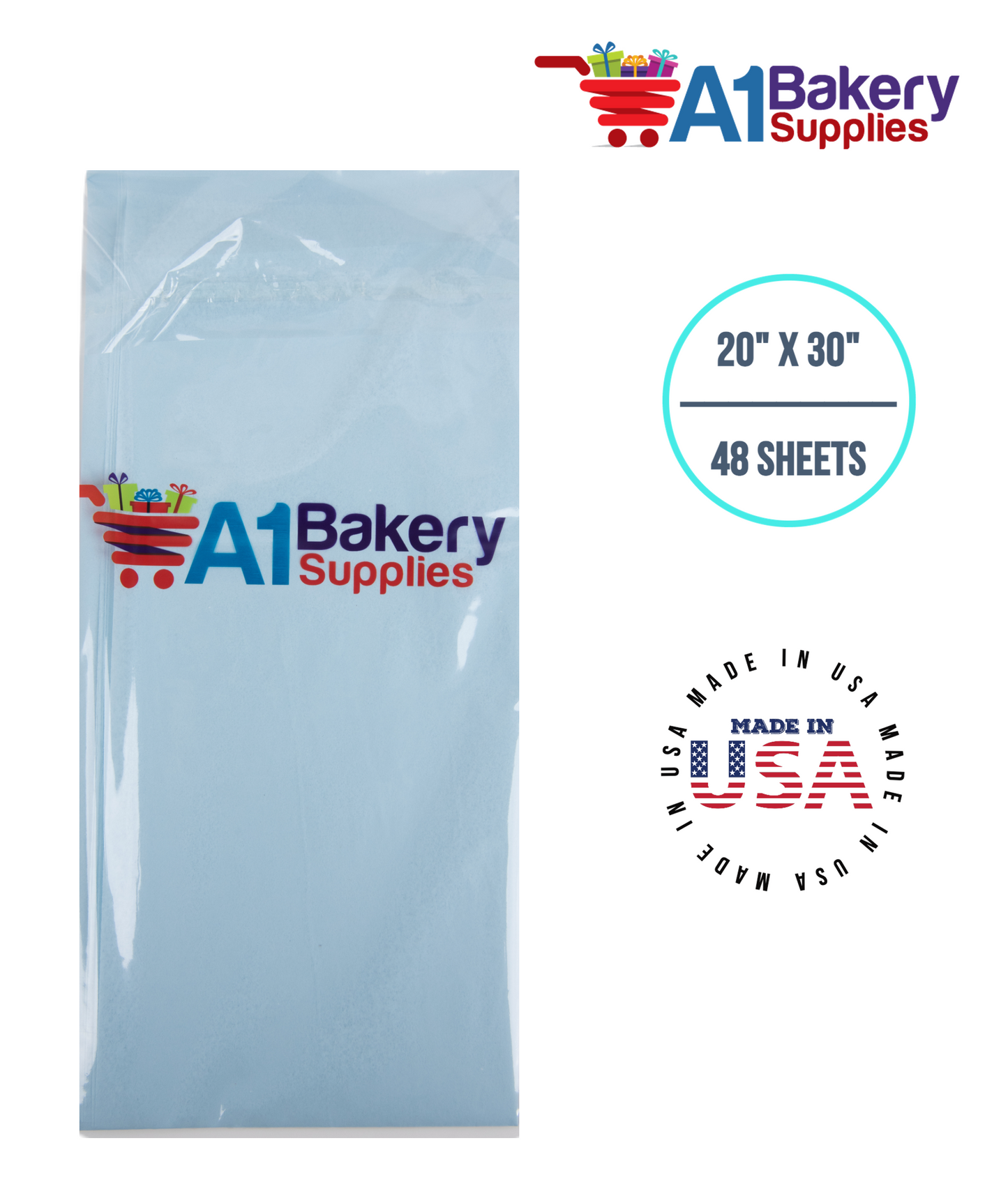 Light Blue Tissue Paper Squares, Bulk 48 Sheets, Premium Gift Wrap and Art Supplies for Birthdays, Holidays, or Presents by A1BakerySupplies, Medium 20 Inch x 30 Inch