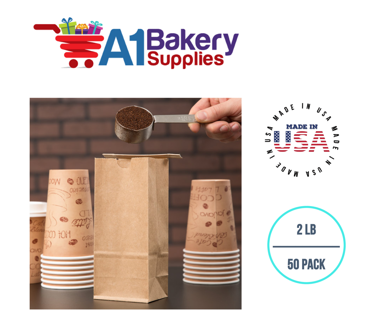 2LB Size Brown No Window Tin Tie Bags 50 PCS  Kraft  Bakery Bags with No Window Resealable Tin Tie Tab Lock Poly-Lined Bags Kraft Paper Bags for Cookies, Coffee